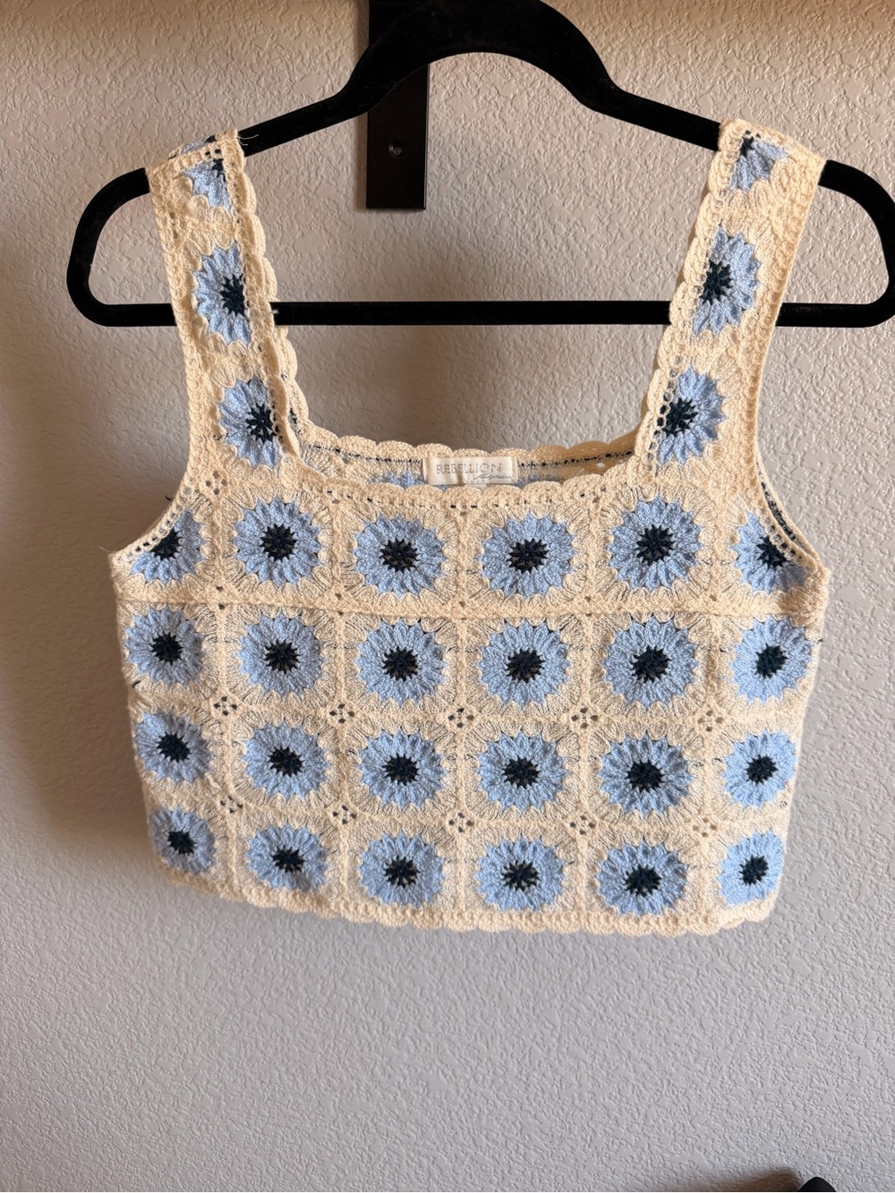Rebellion Crochet Square Tank Top in Cream and Light Blue